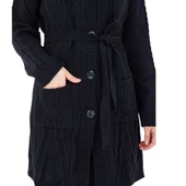 Kadın Siyah Yakalı Düğmeli Cepli Kuşaklı Örme Triko Yün Uzun Hırka - 6
