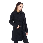 Kadın Siyah Yakalı Düğmeli Cepli Kuşaklı Örme Triko Yün Uzun Hırka - 5