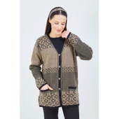 Kadın Vizon Renk Desenli Triko Düğmeli Cepli Kışlık Anne Hırkası - 3
