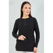 Anne  Kazak Siyah  Merserize Esnek Likralı  Düğme Detaylı Bluz Kazak - 2