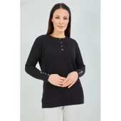 Anne Kazak Siyah Merserize Esnek Likralı Düğme Detaylı Bluz Kazak - 1