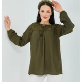 Fresh&Moda Kadın Haki Şile Bezi Anne Penye Bluz - 2