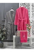 4 Parça Aile Bornoz Seti Kadın Erkek Havlulu Bornoz Takımı Fuşya Gri - 1