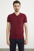 V Yaka Basic Kısa Kol Tişört - Bordo thumbnail 1