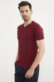 V Yaka Basic Kısa Kol Tişört - Bordo thumbnail 3