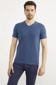 V Yaka Basic Kısa Kol Tişört - Mavi thumbnail 1