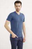 V Yaka Basic Kısa Kol Tişört - Mavi thumbnail 4