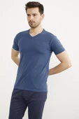 V Yaka Basic Kısa Kol Tişört - Mavi thumbnail 3