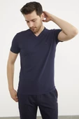 V Yaka Basic Kısa Kol Tişört - Lacivert thumbnail 2