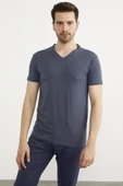 V Yaka Basic Kısa Kol Tişört - Füme - 1