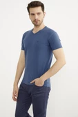 V Yaka Basic Kısa Kol Tişört - Mavi thumbnail 2