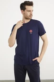 Baskılı Sıfır Yaka Penye Tişört - Lacivert thumbnail 4