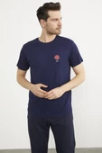 Baskılı Sıfır Yaka Penye Tişört - Lacivert thumbnail 2