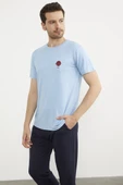 Baskılı Sıfır Yaka Penye Tişört - Mavi thumbnail 2