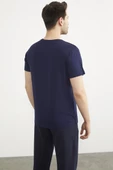 Baskılı Sıfır Yaka Penye Tişört - Lacivert thumbnail 5