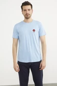 Baskılı Sıfır Yaka Penye Tişört - Mavi thumbnail 1