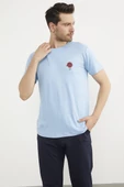 Baskılı Sıfır Yaka Penye Tişört - Mavi thumbnail 3
