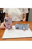 İphone 14 Glossy Yumuşak Ayıcıklı Boncuklu Stantlı Kapak - 5