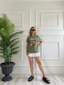 Kadın Baskılı Basic Tişört Haki thumbnail 3