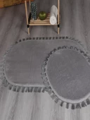 Modern Dekoratif Yıkanabilir Peluş Puffy Kaymaz Taban Oval Püskül Saçaklı 2'li Banyo Paspası 50x80 - 1