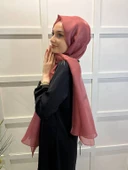 Siyane Scarf Tül Görünümlü Şal - Pırlanta Abiye Düğünlük Şal 00790  GÜL KURUSU - 1