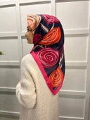 Eflatun Scarf Pamuklu (Cotton) Minimal Çiçek Desenli Eşarp 00747  LACİVERT FUŞYA thumbnail 3