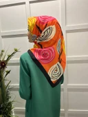 Eflatun Scarf Pamuklu (Cotton) Minimal Çiçek Desenli Eşarp 00747  SİYAH TURUNCU - 3