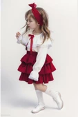 Kız Çocuk Üstü Volanlı Dantel İşlemeli Fırfırlı Bordo Etekli Takım thumbnail 2