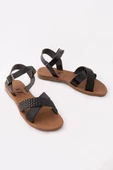 Hakiki Deri Kadın Sandalet Terlik Çapraz Örgü Bantlı Düz Rahat thumbnail 1