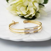 Modern Tasarım 2 Renkli Kaburga Altın Kelepçe Bilezik thumbnail 4