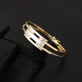 Modern Tasarım 2 Renkli Kaburga Altın Kelepçe Bilezik thumbnail 3