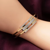 Modern Tasarım 2 Renkli Kaburga Altın Kelepçe Bilezik thumbnail 2