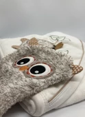Unisex Bebek Beyaz Renk Pamuklu Baykuş Nakışlı Banyo Havlu ve Kese Takımı - 2