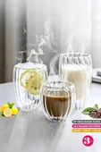 3'lü Çift Cidarlı Burgulu Kristal Cam Bardağı Çay Süt Kahve Kupası Sıcak & Soğuk Retro Bardak Seti - 1