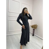 Lucky Life Krep Kumaş Uzun Kollu Tam Boy Puantiyeli Elbise 132 Cm - 6