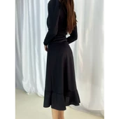 Lucky Life Krep Kumaş Midi Boy Kuşaklı Uzunkol Elbise 113 Cm - 8