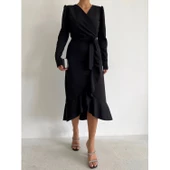 Lucky Life Krep Kumaş Midi Boy Kuşaklı Uzunkol Elbise 113 Cm - 12