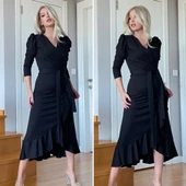 Lucky Life Krep Kumaş Midi Boy Kuşaklı Uzunkol Elbise 113 Cm - 1