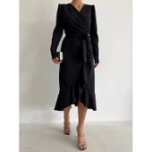 Lucky Life Krep Kumaş Midi Boy Kuşaklı Uzunkol Elbise 113 Cm - 9