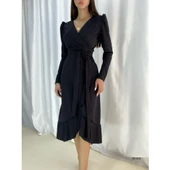 Lucky Life Krep Kumaş Midi Boy Kuşaklı Uzunkol Elbise 113 Cm - 7