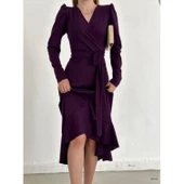 Lucky Life Krep Kumaş Midi Boy Kuşaklı Uzunkol Elbise - 12