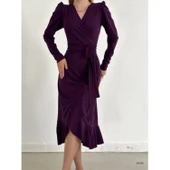 Lucky Life Krep Kumaş Midi Boy Kuşaklı Uzunkol Elbise - 9