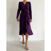 Lucky Life Krep Kumaş Midi Boy Kuşaklı Uzunkol Elbise - 7