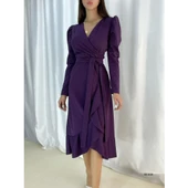 Lucky Life Krep Kumaş Midi Boy Kuşaklı Uzunkol Elbise - 4