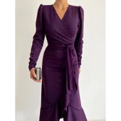 Lucky Life Krep Kumaş Midi Boy Kuşaklı Uzunkol Elbise - 8