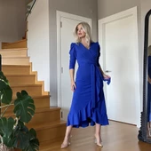 Lucky Life Krep Kumaş Midi Boy Kuşaklı Uzunkol Elbise - 3