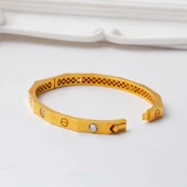 Köşeli Taşlı 22 Ayar Kartiyer Altın Kelepçe Bilezik - 3