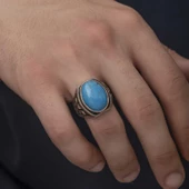 Lucky Life 925 Ayar Gumuss Zirkon Turkuaz Taşlı Oval Erkek Yüzük - 3