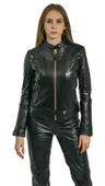 Viky Siyah Hakiki Deri Altın Renk Aksesuarlı Kadın Ceket - 5