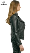 Siyah Hakiki Deri Kadın Ceket Love Mıknatıs Yaka Detaylı - 6